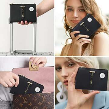 Airtag Passport Holder for Women, RFID Blocking Travel Passport Case with Credit Card Holders, Bifold Air Tag Wallets for Ladies, Slim Thin Leather Passport Wallet with Zipper Pocket, Black