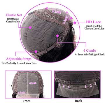 Baluiki 4x4 Lace Closure Wigs (16inch ) Body Wave Lace Front Wigs Human Hair With Baby Hair 150% Density Body Wave Wigs For Black Women Natural Color