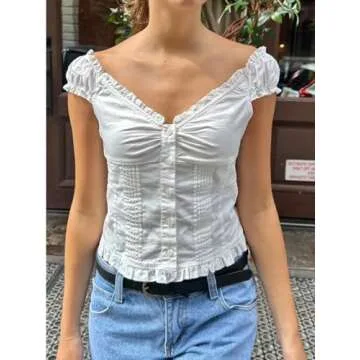 Women Y2K Babydoll Top Sexy Deep V Neck Low Cut Button Down Lace Trim Casual Shirt Slim Fit Coquette...