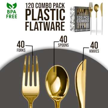 Trendables 120 Pack Disposable Silverware Set - Plastic Cutlery Dinnerware - Includes 40 - Plastic Forks - Plastic Spoons - Plastic Knives - White & Gold Plastic Silverware Plastic Utensils Party Set