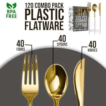Trendables 120 Pack Disposable Silverware Set - Plastic Cutlery Dinnerware - Includes 40 - Plastic Forks - Plastic Spoons - Plastic Knives - White & Gold Plastic Silverware Plastic Utensils Party Set