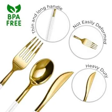 Trendables 120 Pack Disposable Silverware Set - Plastic Cutlery Dinnerware - Includes 40 - Plastic Forks - Plastic Spoons - Plastic Knives - White & Gold Plastic Silverware Plastic Utensils Party Set