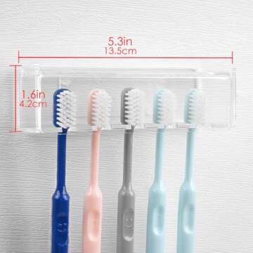5 Slots Wall Mount Toothbrush Holder with Cover, Self Adhesive Toothbrush Storage Organizer for Show...