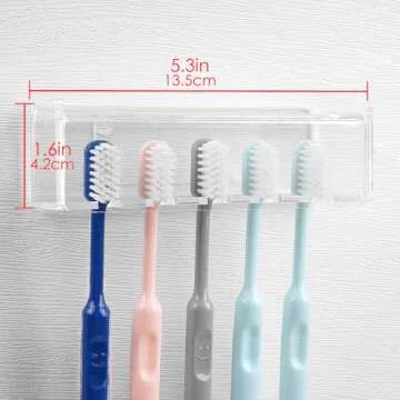 5 Slots Wall Mount Toothbrush Holder with Cover, Self Adhesive Toothbrush Storage Organizer for Show...