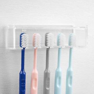 5 Slots Wall Mount Toothbrush Holder with Cover, Self Adhesive Toothbrush Storage Organizer for Shower, Toothbrush Hanger for Bathroom, Medicine Cabinet, Dorm (Clear)