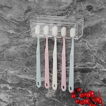 5 Slots Wall Mount Toothbrush Holder with Cover, Self Adhesive Toothbrush Storage Organizer for Shower, Toothbrush Hanger for Bathroom, Medicine Cabinet, Dorm (Clear)