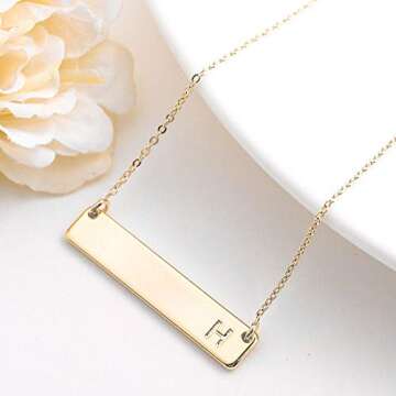 Bar Initial Necklace, Dainty 14K Gold Plated Engraved Monogram Letter H Bar Initial Necklace, Single Horizontal Bar Pendant Necklace for Women Teen Girls Mothers Day Valentines Gifts for Teenage Girl