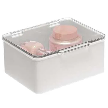 mDesign Plastic Cosmetic Storage Organizer Box Containers, Hinged Lid for Bedroom, Bathroom Vanity Shelf or Cabinet, Holds Masks, Palettes, Nail Polish, Lumiere Collection, Stone Gray/Clear