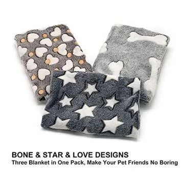 1 Pack 3 Puppy Blankets Super Soft Warm Sleep Mat Grey Cute Print Fluffy Fleece Pet Flannel Throw Dog Blankets for Small Dogs Cats,Star&Bone&Love- Small (23"x15")