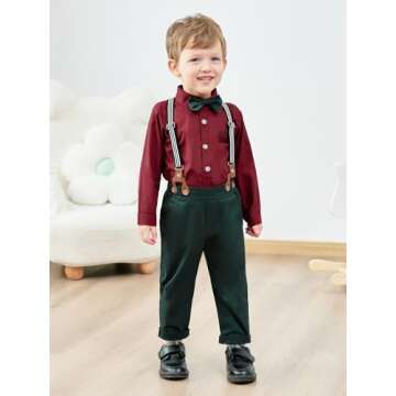 ZOEREA Toddler Baby Boy Suit Clothes Gentleman Wedding Outfits Long Sleeve Dress Shirt + Suspender Pants + Bowtie Wine Red 4-5T
