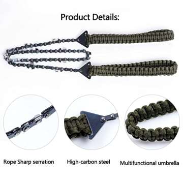 Sucrain Pocket Chainsaw with Paracord Handle, Folding Chain Hand Saw, Emergency Outdoor Survival Gear for Camping, Hunting, Hiking, Cutting Wood & Tree (Army Green, 11 Teeth, 24'' Long)