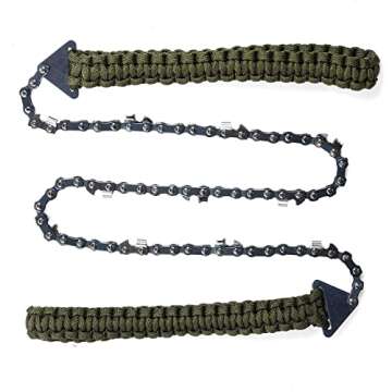 Sucrain Pocket Chainsaw with Paracord Handle, Folding Chain Hand Saw, Emergency Outdoor Survival Gear for Camping, Hunting, Hiking, Cutting Wood & Tree (Army Green, 11 Teeth, 24'' Long)