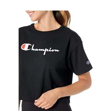 Champion womens Heritage Cropped Tee, Script Logo T Shirt, Black, Medium US