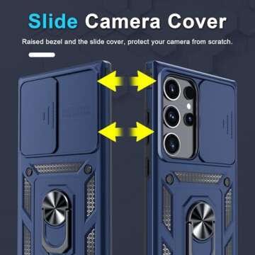 Janmitta Compatible with Samsung Galaxy S25 Ultra Case Built in Slide Camera Lens Cover+Screen Protector+Finger Ring Holder Kickstand,Heavy Duty Shockproof Full Body Phone Cover,2025 Blue