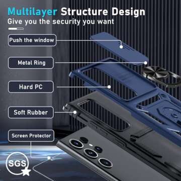 Janmitta Compatible with Samsung Galaxy S25 Ultra Case Built in Slide Camera Lens Cover+Screen Protector+Finger Ring Holder Kickstand,Heavy Duty Shockproof Full Body Phone Cover,2025 Blue