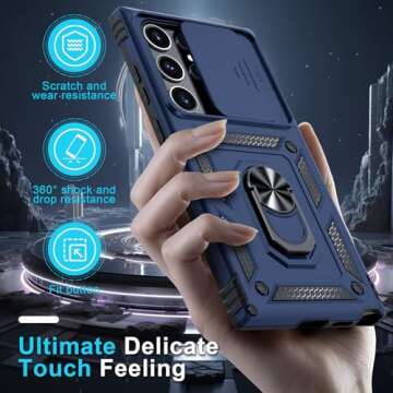 Janmitta Compatible with Samsung Galaxy S25 Ultra Case Built in Slide Camera Lens Cover+Screen Protector+Finger Ring Holder Kickstand,Heavy Duty Shockproof Full Body Phone Cover,2025 Blue