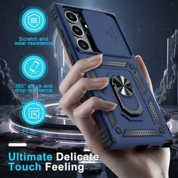 Janmitta Compatible with Samsung Galaxy S25 Ultra Case Built in Slide Camera Lens Cover+Screen Protector+Finger Ring Holder Kickstand,Heavy Duty Shockproof Full Body Phone Cover,2025 Blue