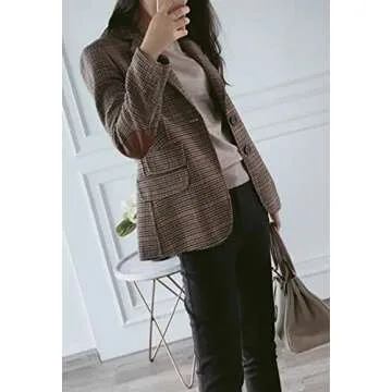 CHARTOU Women's Chic Lapel Collar Plaid 2-Button Business Work Office Blazer Suit Jacket (Small, Brown)