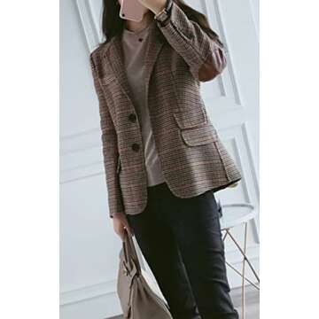 CHARTOU Women's Chic Lapel Collar Plaid 2-Button Business Work Office Blazer Suit Jacket (Small, Brown)
