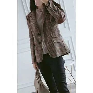 CHARTOU Women's Chic Lapel Collar Plaid 2-Button Business Work Office Blazer Suit Jacket (Small, Brown)