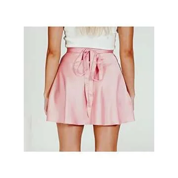 AmorLee Womens Wrap Mini Skirts Casual High Waist Self Tie Knot Silk Satin Short Skater Skirt Pink S