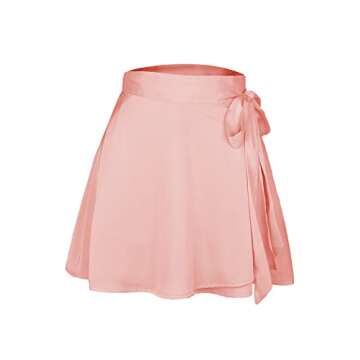 AmorLee Womens Wrap Mini Skirts Casual High Waist Self Tie Knot Silk Satin Short Skater Skirt Pink S