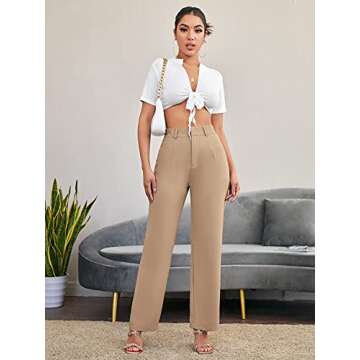 SweatyRocks Women's Elegant High Waist Solid Long Pants Office Trousers Khaki M