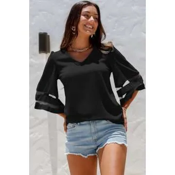 BLENCOT Womens 3/4 Bell Sleeve Fashion V Neck Lace Patchwork Blouse Casual Loose Shirt Tops Black, L...