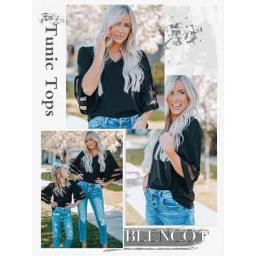 BLENCOT Womens 3/4 Bell Sleeve Fashion V Neck Lace Patchwork Blouse Casual Loose Shirt Tops Black, Large