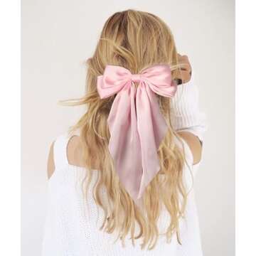 Furling Pompoms Hair Bow Clip 1pc Big Pink Satin Long-Tail Alligator Clips Hair Ribbon Bows Barrette for Women