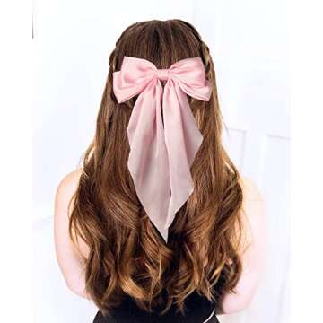 Furling Pompoms Hair Bow Clip 1pc Big Pink Satin Long-Tail Alligator Clips Hair Ribbon Bows Barrette for Women