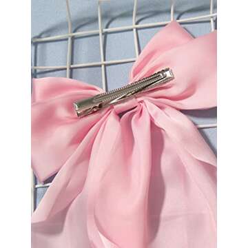 Furling Pompoms Hair Bow Clip 1pc Big Pink Satin Long-Tail Alligator Clips Hair Ribbon Bows Barrette for Women