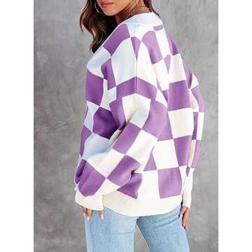 Dokotoo Womens Cardigan Sweaters Fashion V Neck Plaid Cable Knit Long Sleeve Button Down Comfy Cute Daily 2024 Autumn Winter Oversized Sweater Outerwear Tops XL Purple