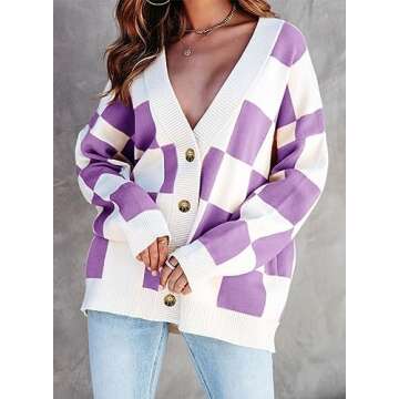 Dokotoo Womens Cardigan Sweaters Fashion V Neck Plaid Cable Knit Long Sleeve Button Down Comfy Cute Daily 2024 Autumn Winter Oversized Sweater Outerwear Tops XL Purple