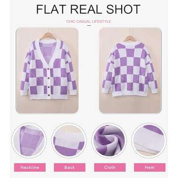 Dokotoo Womens Cardigan Sweaters Fashion V Neck Plaid Cable Knit Long Sleeve Button Down Comfy Cute Daily 2024 Autumn Winter Oversized Sweater Outerwear Tops XL Purple