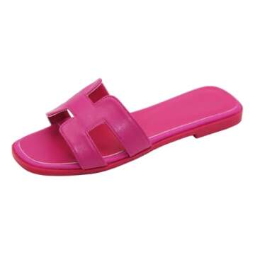 Women's Flat Sandals, Slip on Slides Summer Fall Shoes Cute Open Toe Slippers (Magenta Pink, Adult, Women, 10, Numeric, US Footwear Size System, Medium)