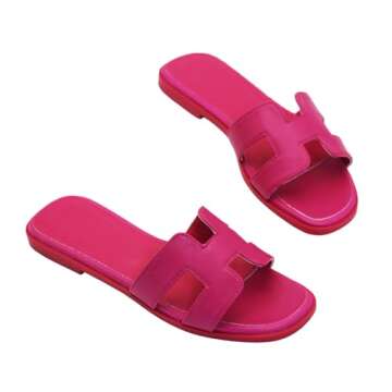 Women's Flat Sandals, Slip on Slides Summer Fall Shoes Cute Open Toe Slippers (Magenta Pink, Adult, Women, 10, Numeric, US Footwear Size System, Medium)