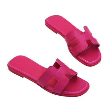 Women's Flat Sandals, Slip on Slides Summer Fall Shoes Cute Open Toe Slippers (Magenta Pink, Adult, Women, 10, Numeric, US Footwear Size System, Medium)