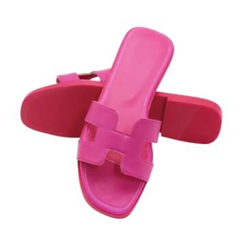 Women's Flat Sandals, Slip on Slides Summer Fall Shoes Cute Open Toe Slippers (Magenta Pink, Adult, Women, 10, Numeric, US Footwear Size System, Medium)