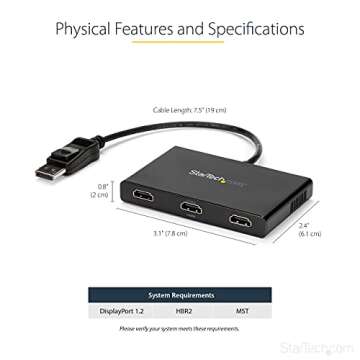 StarTech.com 3-Port Multi Monitor Adapter - DisplayPort 1.2 to 3x HDMI MST Hub - Triple 1080p HDMI Monitors - Extended or Cloned Display mode - Windows PCs Only - DP to 3x HDMI Splitter (MSTDP123HD)