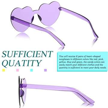 TOODOO 4 Pack Heart Shaped Sunglasses Rimless Candy Color Eyewear Valentines Halloween Accessories(Purple, Pink, Yellow, Lake Blue)