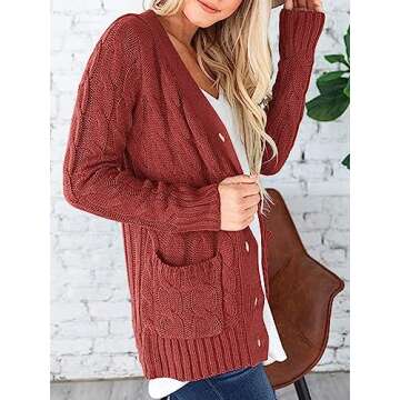 PRETTYGARDEN Women's Open Front Cardigan Sweaters Fall Fashion Button Down Cable Knit Chunky Winter Outerwear Coats (Red,Large)