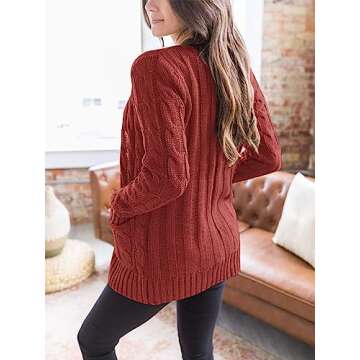 PRETTYGARDEN Women's Open Front Cardigan Sweaters Fall Fashion Button Down Cable Knit Chunky Winter Outerwear Coats (Red,Large)