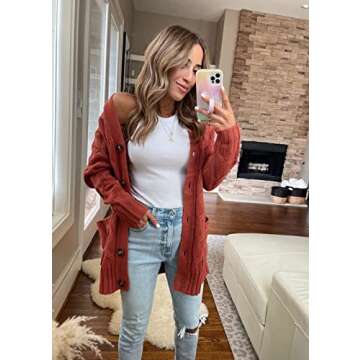 PRETTYGARDEN Women's Open Front Cardigan Sweaters Fall Fashion Button Down Cable Knit Chunky Winter Outerwear Coats (Red,Large)