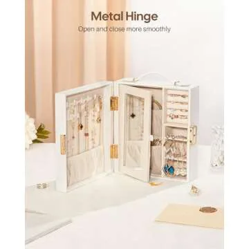 Enthralite Travel Jewelry Case, Essentials for vacation, Portable Bangle Box with Mirror, PU Leather Small Watch Organizer for Rings, Earrings, Necklaces, Bracelets (White)