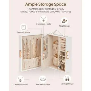 Enthralite Travel Jewelry Case, Essentials for vacation, Portable Bangle Box with Mirror, PU Leather Small Watch Organizer for Rings, Earrings, Necklaces, Bracelets (White)