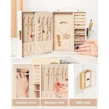 Enthralite Travel Jewelry Case, Essentials for vacation, Portable Bangle Box with Mirror, PU Leather Small Watch Organizer for Rings, Earrings, Necklaces, Bracelets (White)