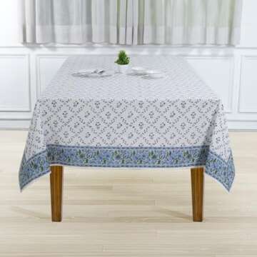 Ridhi Blue Block Print 100% Cotton 70 Inch x 108 Inch Decorative Washable Rectangle Tablecloth Table Cloth, Dining, Kitchen, Parties & Camping, Faience - Spring/Summer