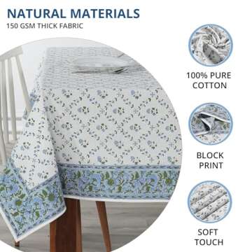 Ridhi Blue Block Print 100% Cotton 70 Inch x 108 Inch Decorative Washable Rectangle Tablecloth Table Cloth, Dining, Kitchen, Parties & Camping, Faience - Spring/Summer