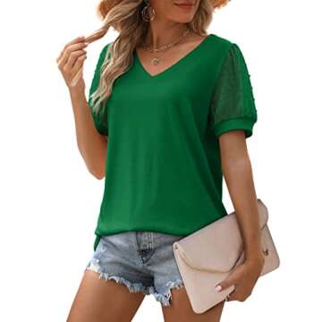 Aokosor Womens Blouses and Tops Short Sleeve V Neck Shirts Work Casual Polyester Tshirts Green XL